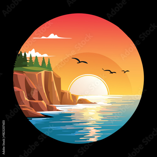 Vibrant ocean sunset horizon between dark cliffs under an orange sky flat vector illustration design