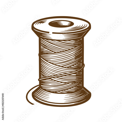 Detailed vintage sketch of a brown thread spool used for sewing and crafting designs