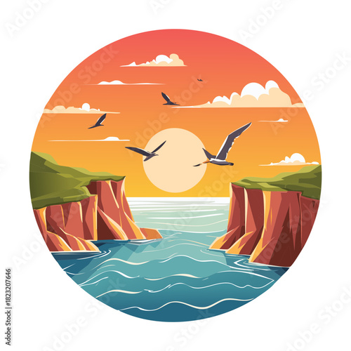 Scenic ocean sunset view between two steep cliffs with flying seagulls flat vector illustration design