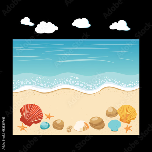 Tropical beach shore with blue ocean water and assorted seashells on the sand vector illustration