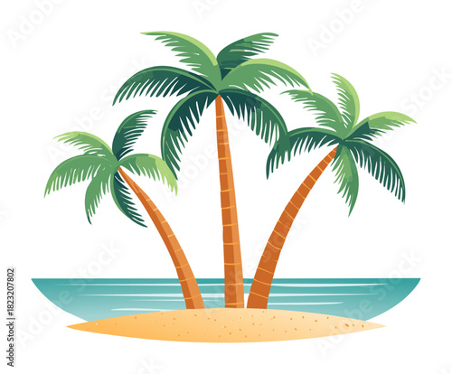 Tall palm trees on a tropical beach island with clear blue ocean water vector illustration