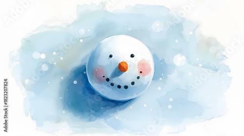 Delightful winter scene featuring a charming watercolor snowman smiling warmly, inviting cheerfulness.