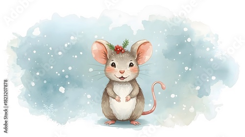 A charming mouse with rosy cheeks and festive berries brings a touch of winter magic to the scene.