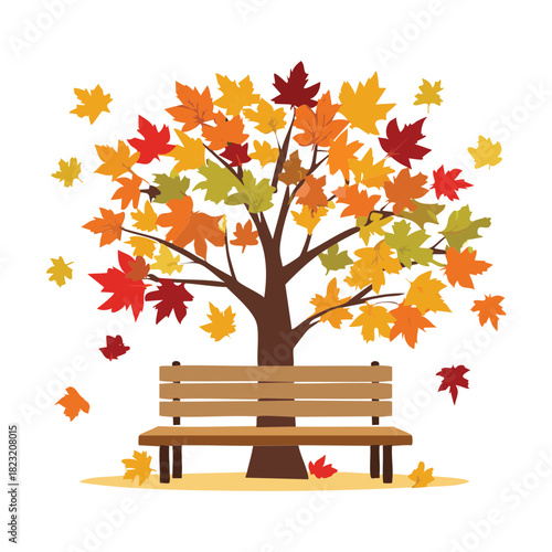 Bright autumn maple tree and wooden bench on a soft yellow landscape flat vector illustration