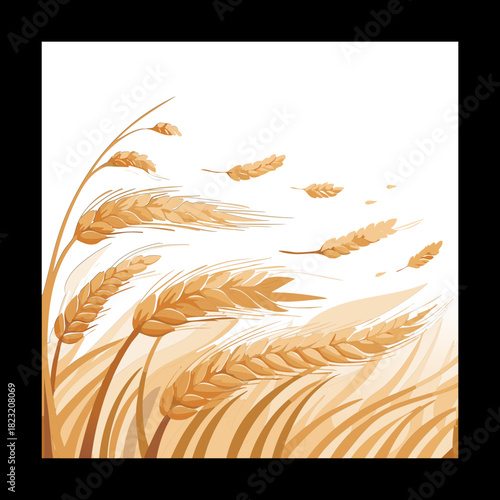 Detailed golden wheat field under a bright sky in flat vector illustration design element art
