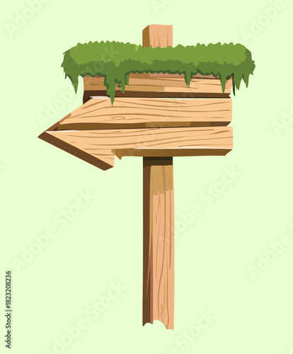 Mossy wooden arrow signpost pointing left in a forest glade flat vector illustration design element art