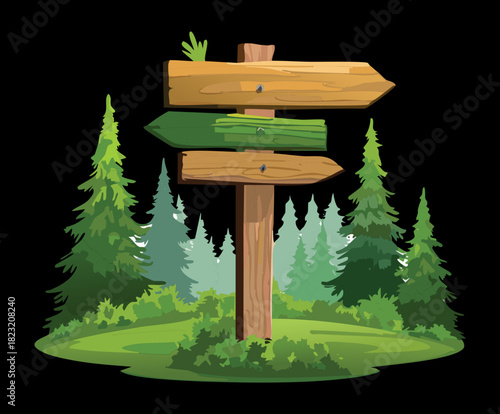 Triple arrow wooden signpost standing in a dense green pine forest flat vector illustration design element