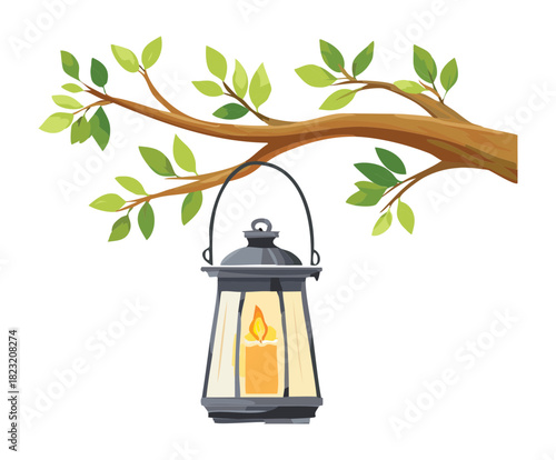 Traditional lantern hanging from a tree branch in a dark night garden flat vector illustration design
