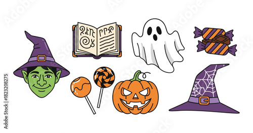 Halloween characters and treats celebrating spooky season