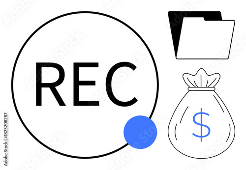 REC in bold circle with blue dot, file folder, money bag. Ideal for finance, recording, filing, data, organization tracking saving. Clean layout for simple flat metaphor