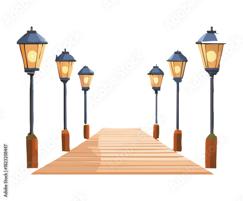 Perspective view of classic street lamps on a wooden pier over calm water at night flat vector illustration