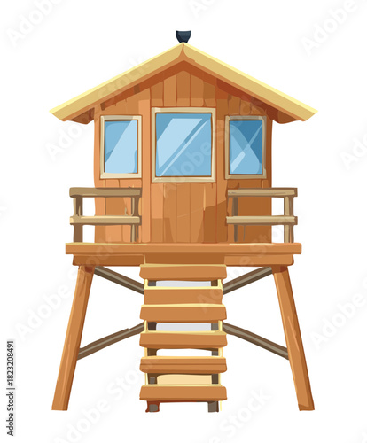 Elevated wooden lifeguard hut on a sunny beach with ocean waves flat vector illustration design