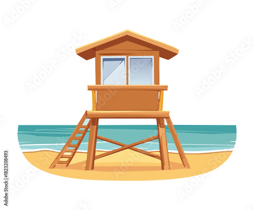 Classic wooden lifeguard station on the beach overlooking the ocean flat vector illustration art