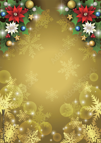 クリスマス背景、下雪の結晶、金、ポインセチア、上柊、かわいい、イラスト、縦