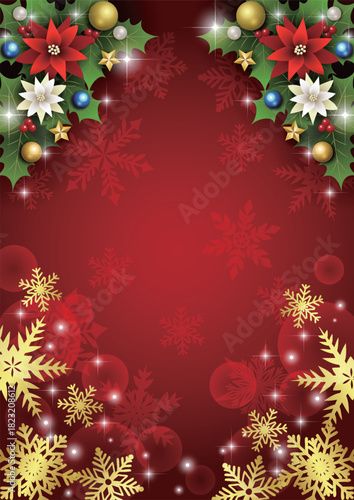クリスマス背景、下雪の結晶、赤、ポインセチア、上柊、かわいい、イラスト、縦