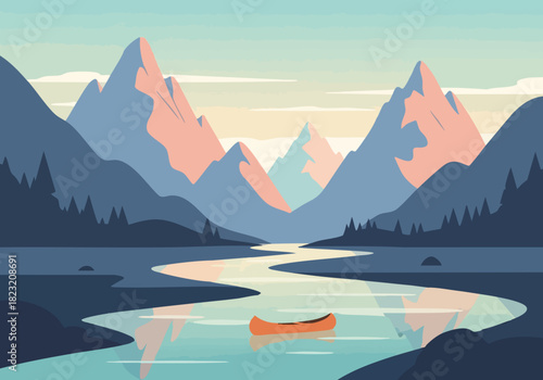 Serene Mountain Landscape with Canoe A Journey of Exploration and Peace