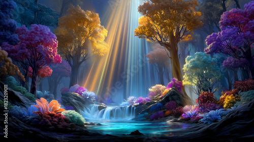 A scenic view of a waterfall in a fantasy forest.