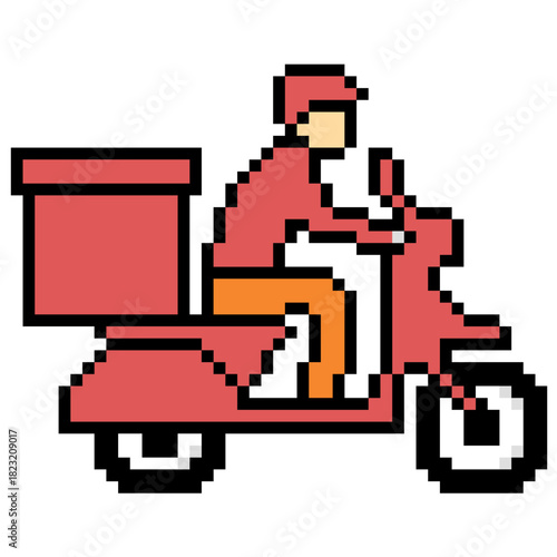 Pixel Scooter Delivery Vector Ideal for gaming, food service, and logistics themes in a simple, retro 8-bit graphic style. Symbolizes fast transport, courier service, and e-commerce