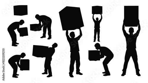Silhouettes of men lifting and carrying boxes isolated on white background, Vector