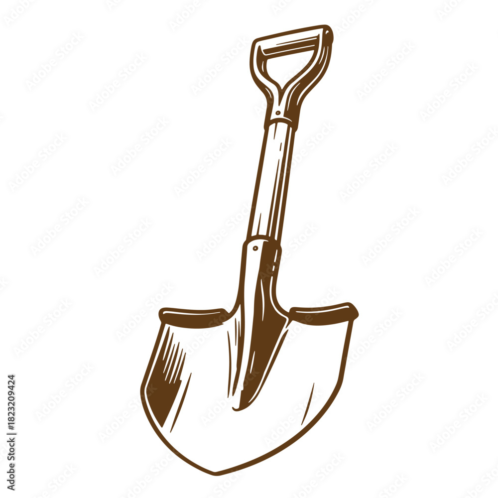 Fototapeta premium Hand-drawn sketch of a gardening shovel in brown tones on white background