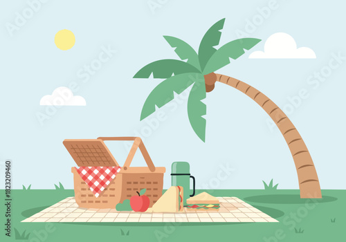 Summer Picnic with Palm Tree and Snacks on a Blanket Outdoors