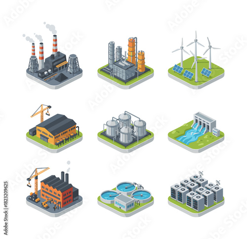 Industrial and energy production facilities isometric icons collection