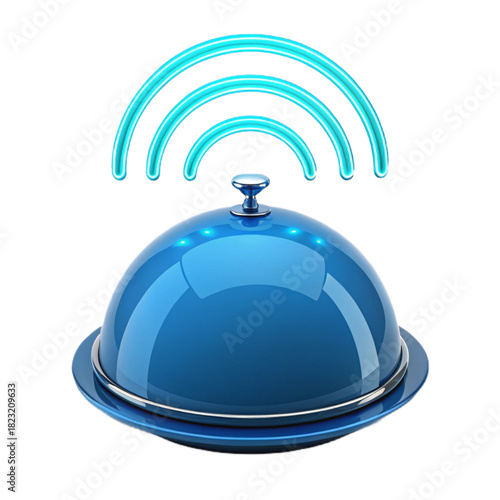 Seamless service with smart restaurant technology, order up! A digitally connected blue cloche promises immediate delivery and satisfaction in modern dining.
