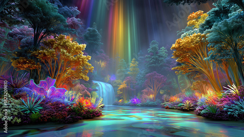 A scenic view of a waterfall in a fantasy forest.