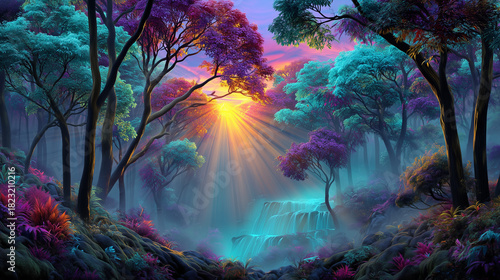 A scenic view of a waterfall in a fantasy forest.