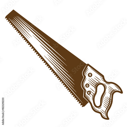 Vector illustration of a brown sketch vintage hand saw isolated on a white background