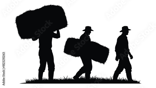 Farmers carrying hay silhouettes isolated on white background, Vector