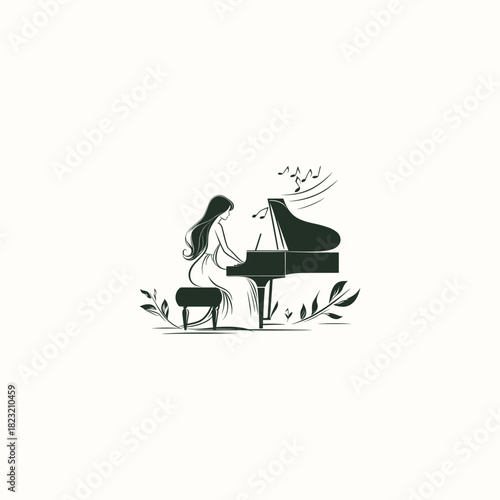 minimalist illustration of a woman in a dress playing a grand piano, surrounded by decorative leaves and musical notes