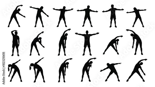 People stretching and exercise silhouettes isolated on white background, Vector