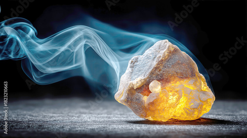 Close-up of a glowing piece of frankincense resin with wisps of blue smoke, often used during the holiday season or in rituals