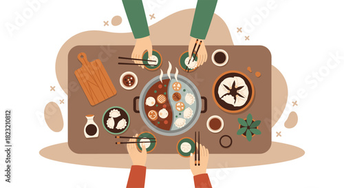 An overhead view illustrates a shared hot pot meal with hands reaching for food, capturing a communal dining experience with chopsticks.