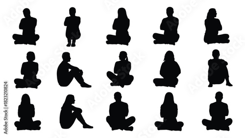 Diverse sitting people silhouettes isolated on white background, Vector