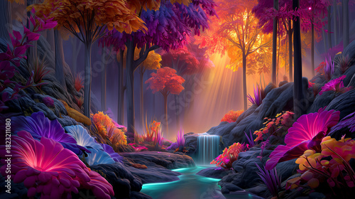 A scenic view of a waterfall in a fantasy forest.