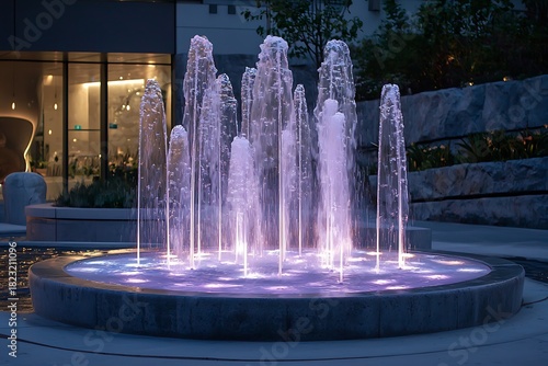Circular fountain with multiple water jets and purple lighting at night Image