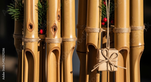 Festive outdoor bamboo wind chimes adorned with pine sprigs and red berries, casting melodic sounds in warm sunlight