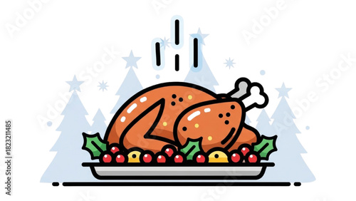 Roasted Christmas Turkey – Black Outline Colorful Festive Simplified Holiday Silhouette