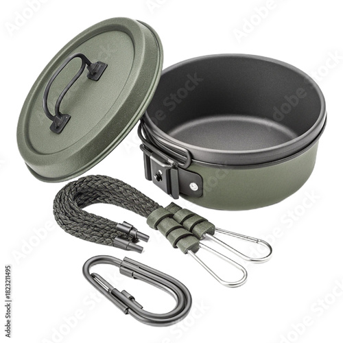 Portable camping cookware set with pot, lid, rope, and carabiner, ideal for outdoor cooking adventures and backpacking expeditions in the wilderness