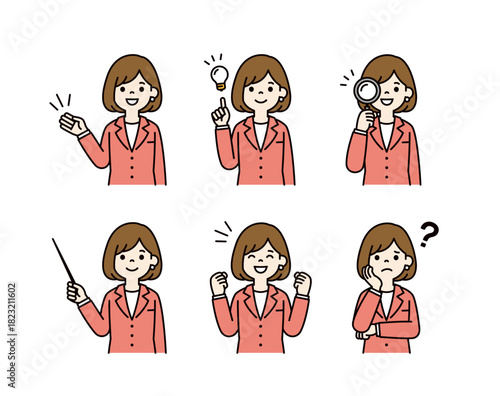 いろいろなポーズの、スーツを着た若い女性の上半身ベクターイラスト素材セット＿カラー