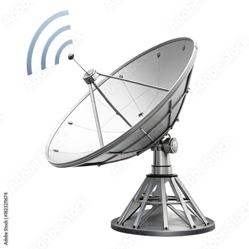 Silver satellite dish broadcasting signals, enabling global communication and advanced technology for internet connectivity and media transmission solutions