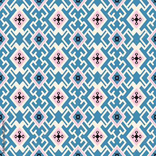 Stylish seamless geometric pattern in bold blue, pink, and cream, perfect for modern designs and vibrant backgrounds adding a touch of retro elegance