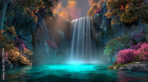 A scenic view of a waterfall in a fantasy forest.