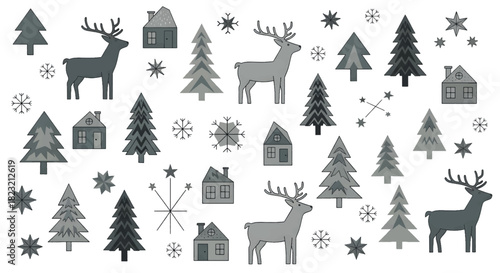 Winter pattern with deer, houses, fir trees and snowflakes in gray tones.