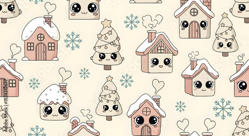 Cute Christmas Seamless Pattern with Houses, Trees and Snowflakes. Kawaii Style.
