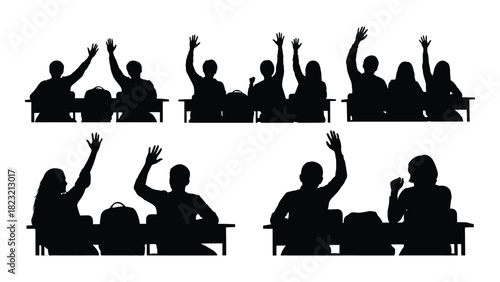Classroom students raising hands silhouettes isolated on white background, Vector