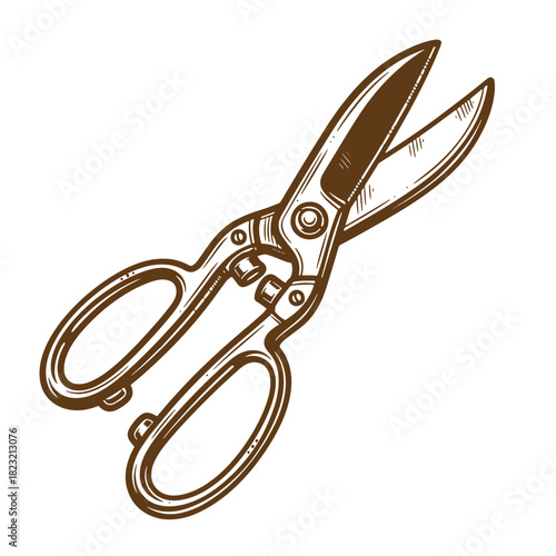 Vintage sketch illustration of tailoring shears with detailed outlines and brown color