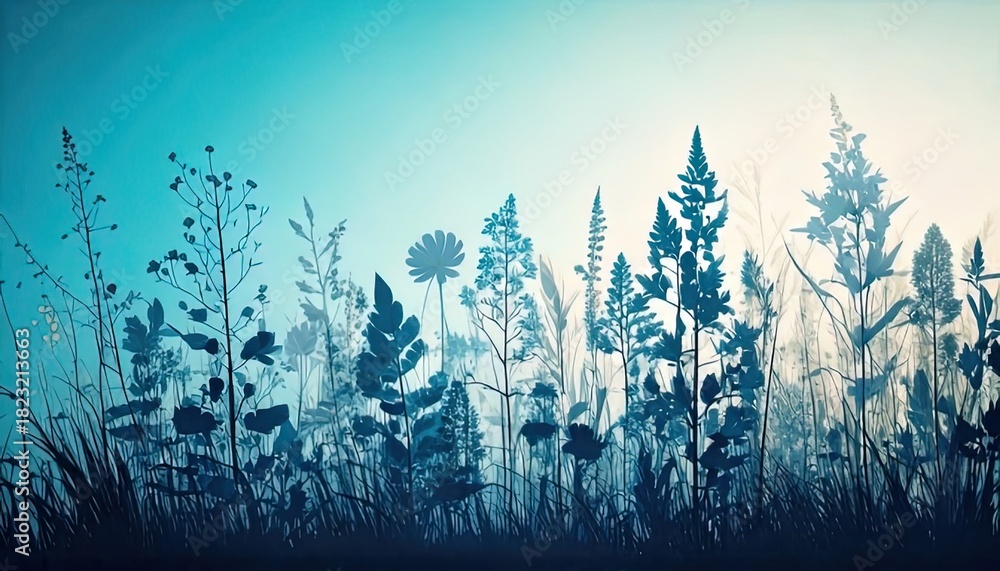 Naklejka premium Blue Cyanotype Style Garden Background with Wildflower and Plant Silhouettes